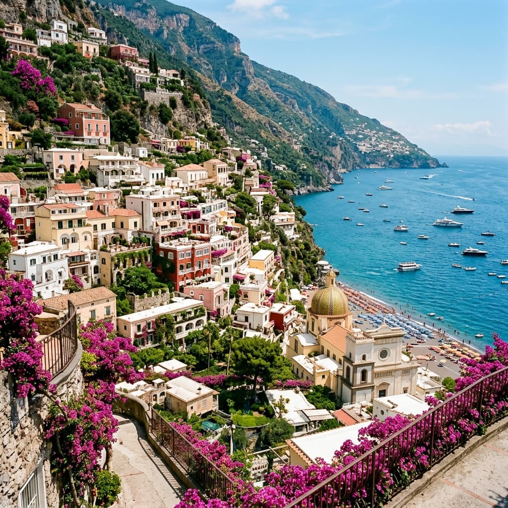 Positano cliffside village at golden hour on the Amalfi Coast