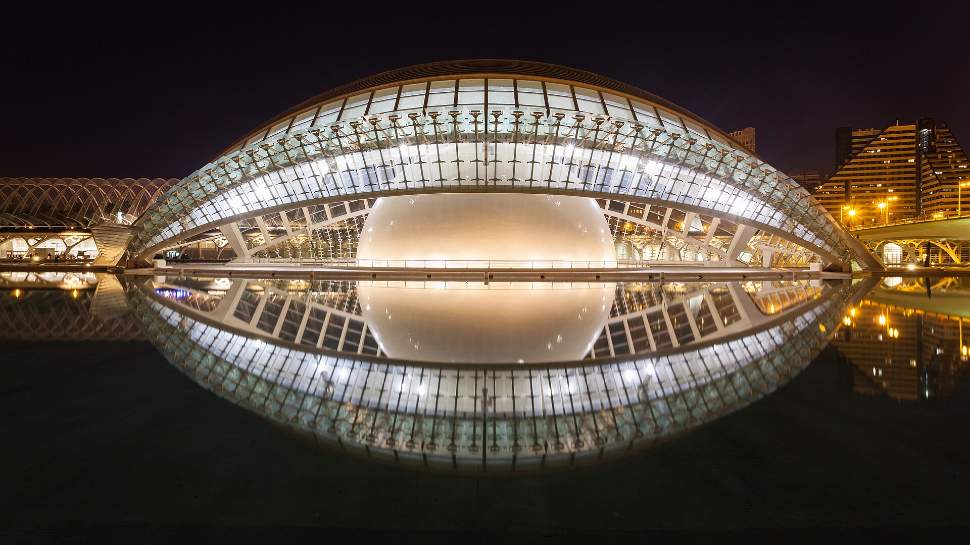 El Hemisfèric reflected in the pools of the City of Arts and Sciences, Valencia